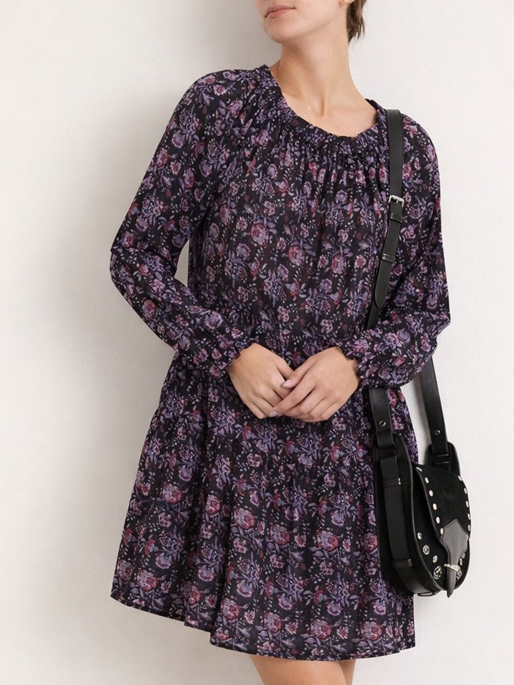 Xirena Lea Floral Mini Dress Puff Sleeve Blouson Black Purple Size Large